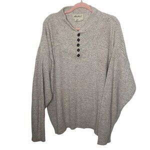 Vintage Eddie Bauer Cotton Knit Sweater Mens L Oatmeal 1/4 Button USA Preppy Fal